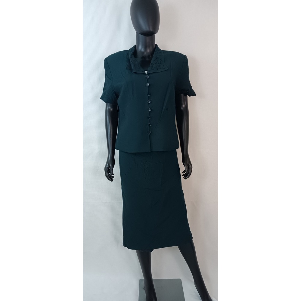 Kasper ASL Womens Skirt Suit Set Forest Green Embroidered Top 16 Skirt 12